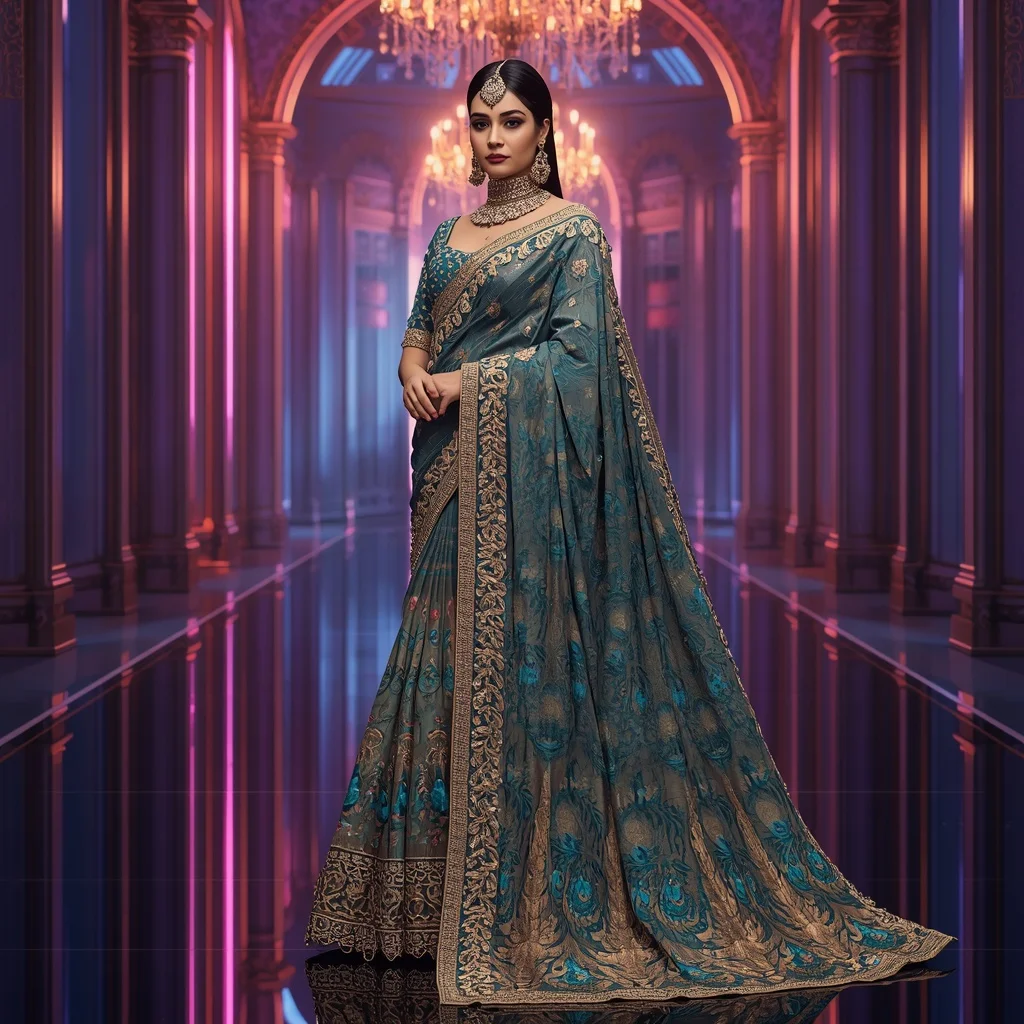 Ultra Luxury Peacock Crystal Festive Saree with Royal Neon Palace Background | Indian Bride Saree Ai Prompt