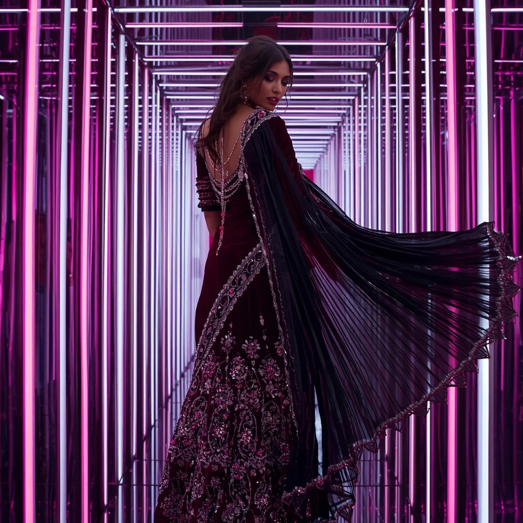 Velvet Eclipse Metallic Saree with Neon Infinity Chamber | Grok Ai Prompt