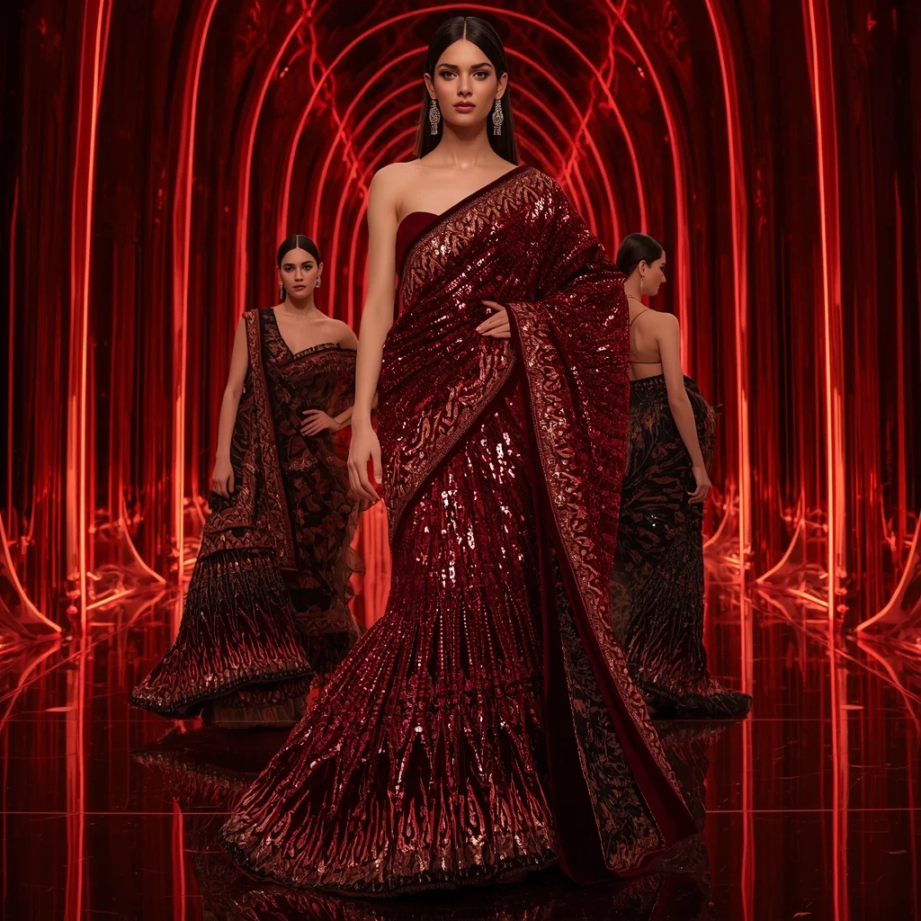 Velvet Ember Dynasty Saree with Infinity Glow Citadel | Gemini Saree Prompt