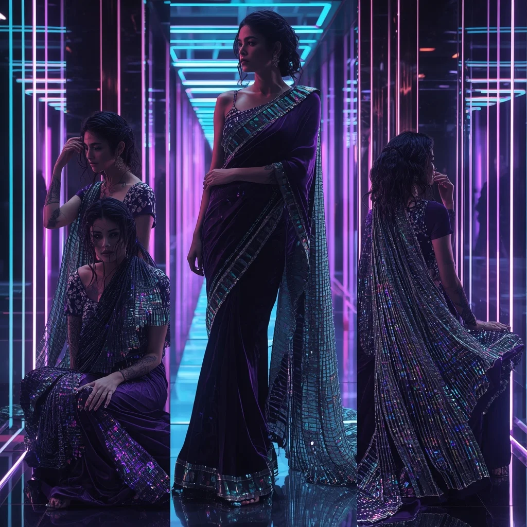 Velvet Galaxy Festival Saree with Digital Prism Boulevard | Instagram Viral Photo Prompt