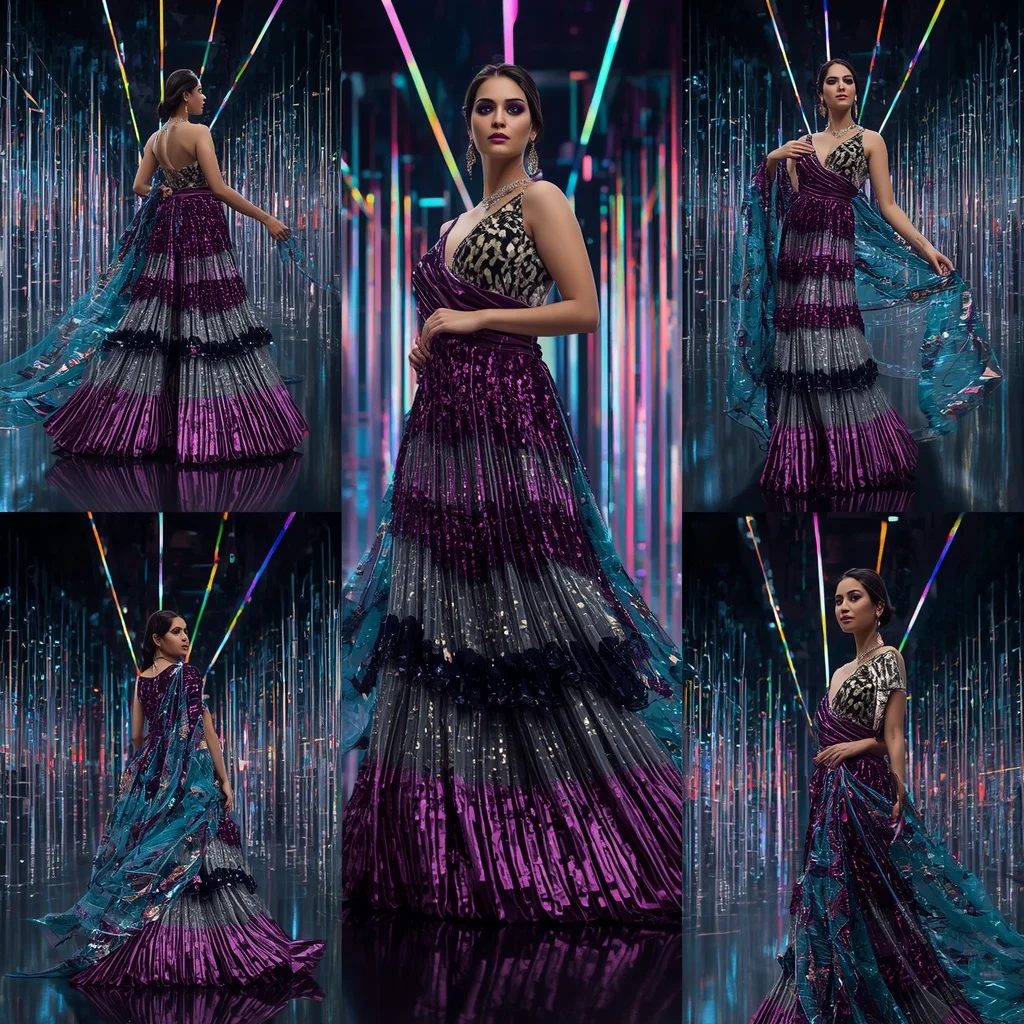 Velvet Galaxy Festival Saree with Digital Prism Crystal Hall | Ideogram Ai Prompt