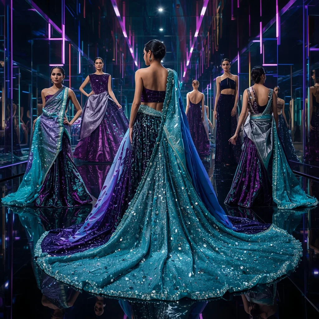 Velvet Galaxy Festival Saree with Digital Prism Infinity Observatory | Leonardo Ai Image Prompt
