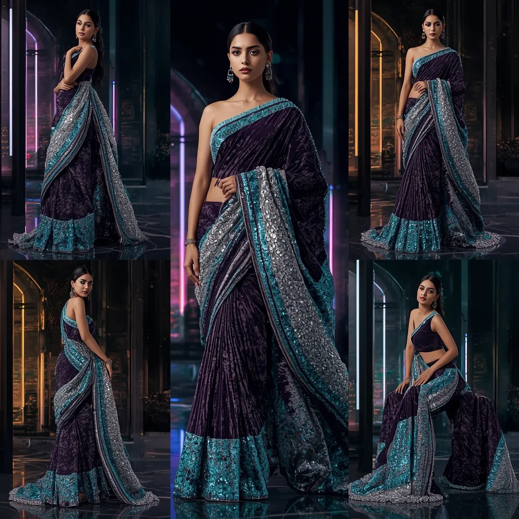 Velvet Galaxy Festival Saree with Digital Prism Skyline | Desi Saree Ai Prompt