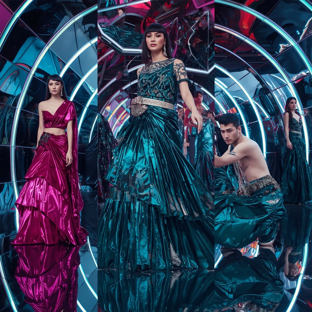 Velvet Prism Festival Saree with Neon Reflection Dome | Ai Gemini Prompt