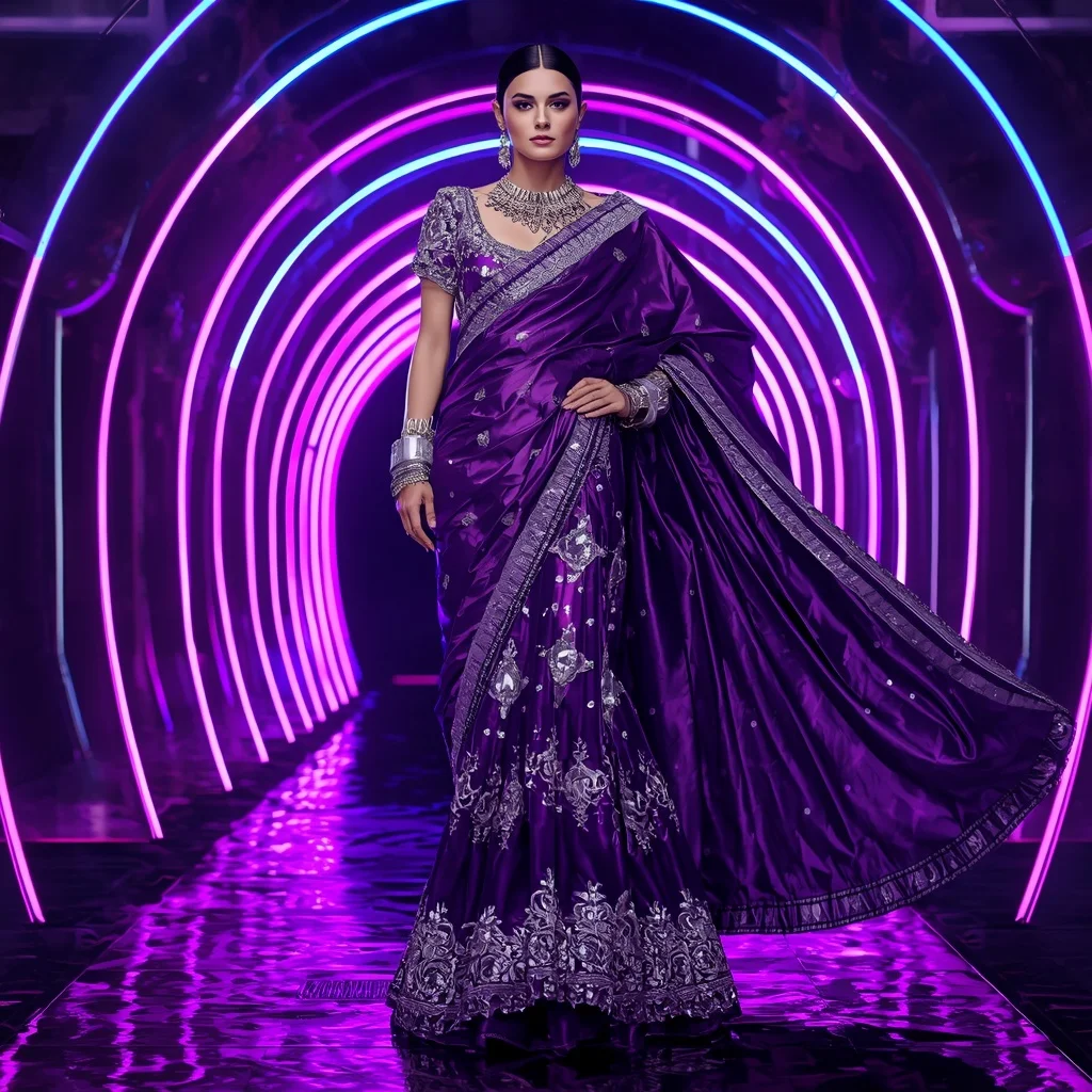 Violet Galaxy Mirrorwork Saree with Curved Neon Chamber | Text To Image Prompt