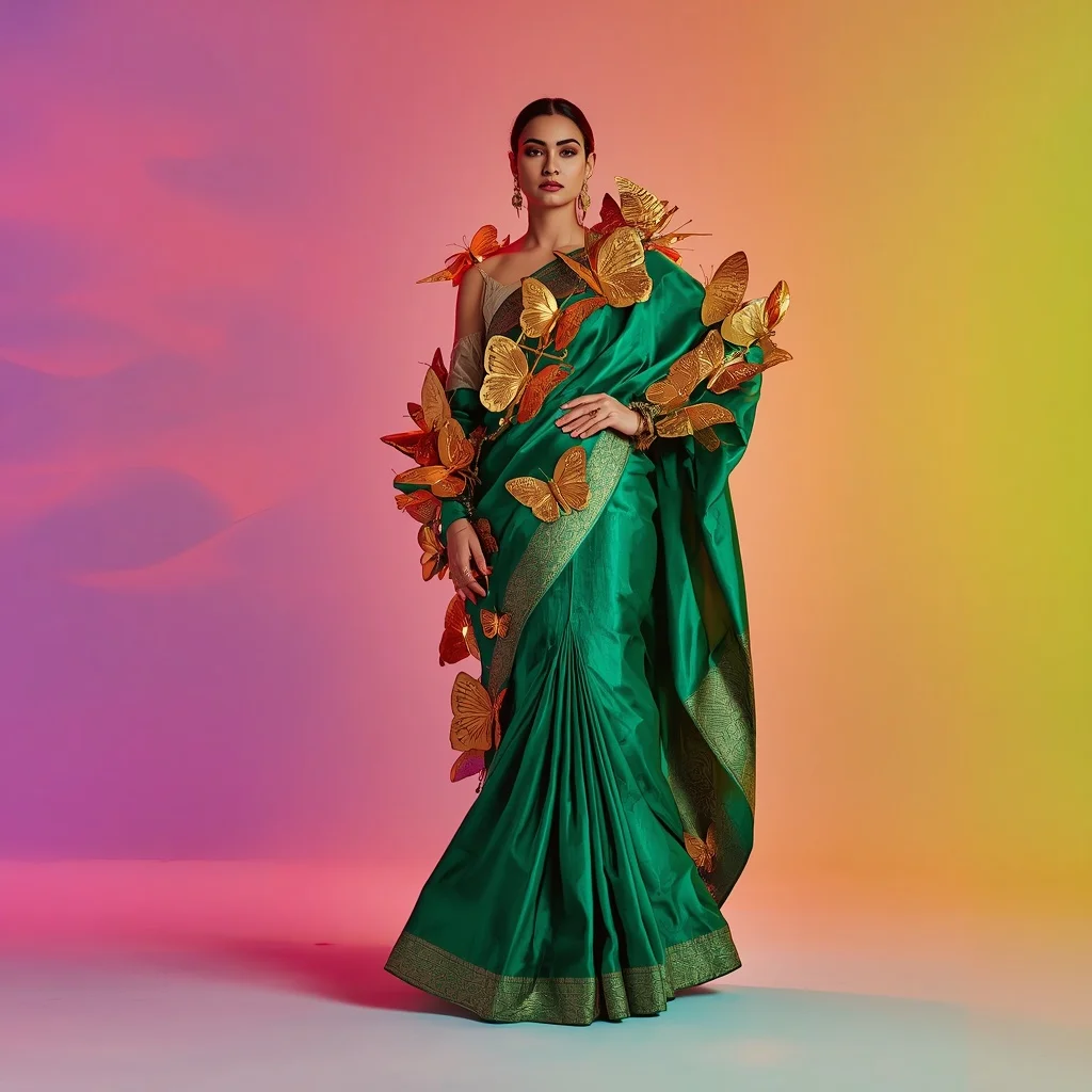 Viral Festival Fancy Saree Look: Liquid Emerald Silk with 3D Gold Butterfly Armor | Prompt For Gemini Saree