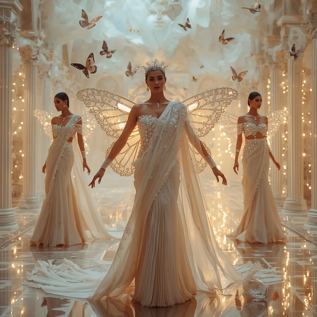 White Crystal Butterfly Queen Saree  Angelic Multi-Pose Couture with Heavenly Fantasy Background | Face Ai Prompt