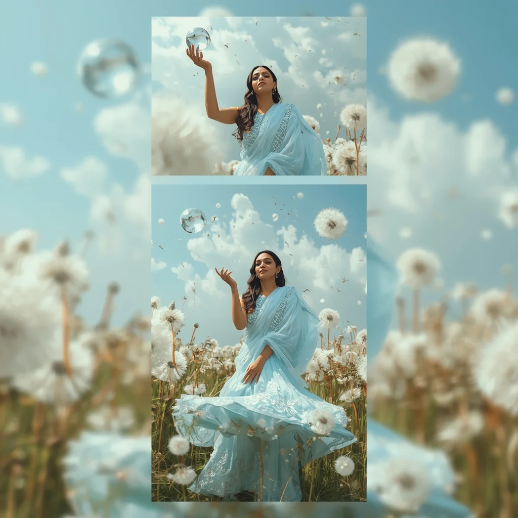 White Dandelion Glass Orb Film Strip | Indian Girl Saree Ai Prompt 4k Realistic