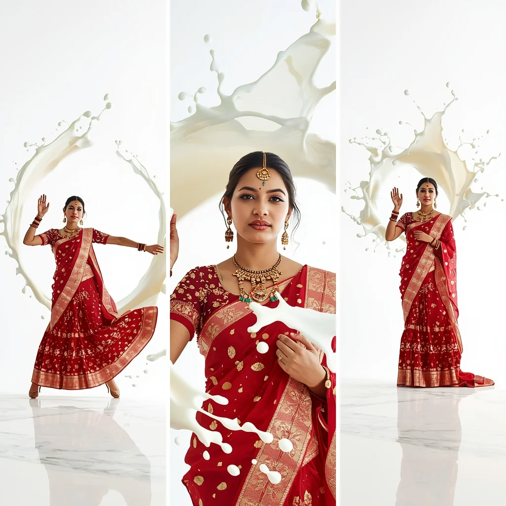 Zero Gravity Milk Splash Triptych High Fashion | Prompt Gemini Saree
